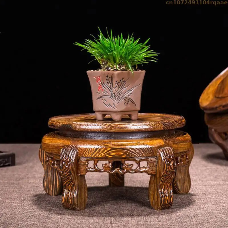support plantes bois naturel gravures artisanal pot fleurs marron foncé display