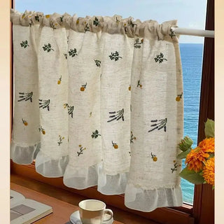 Rideau court occultant beige floral en coton et lin avec pompons pour salon et chambre