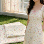 tissu coton imprimé fleurs rubans vintage blanc rose vert gris popeline respirant 145cm large