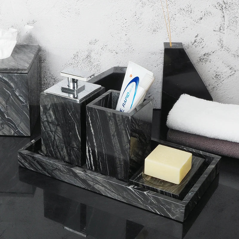 ensemble accessoires salle bain marbre noir rangement brosse dents dentifrice moderne luxe