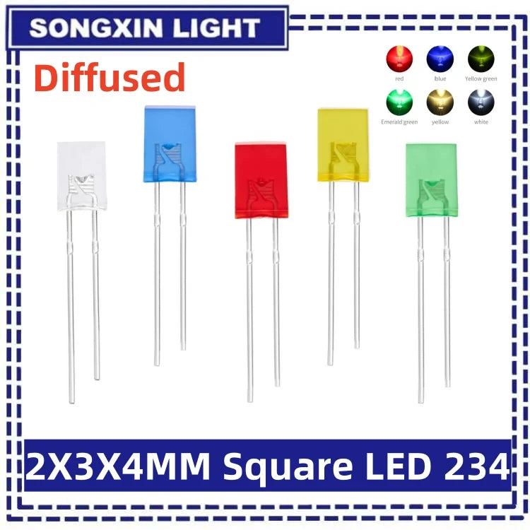 LED bleue rouge blanche jaune diffusée 2x3x4mm opaque rectangulaire 100 pièces