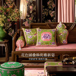 coussin carré velours fleur peony oiseau classique vert rose violet blanc