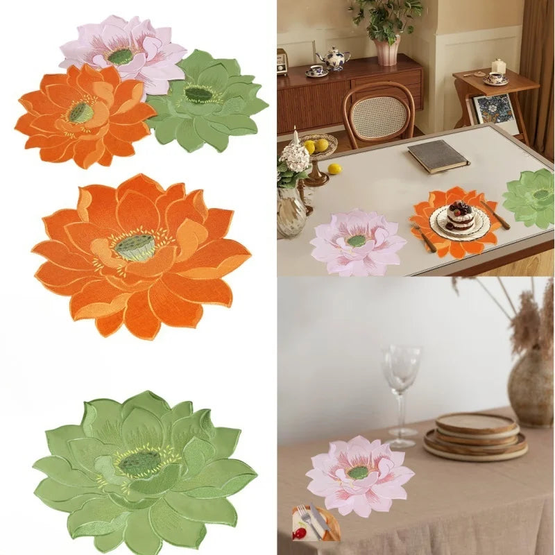 serviettes table modernes fleurs stylisées orange rose vert adhésives polyester