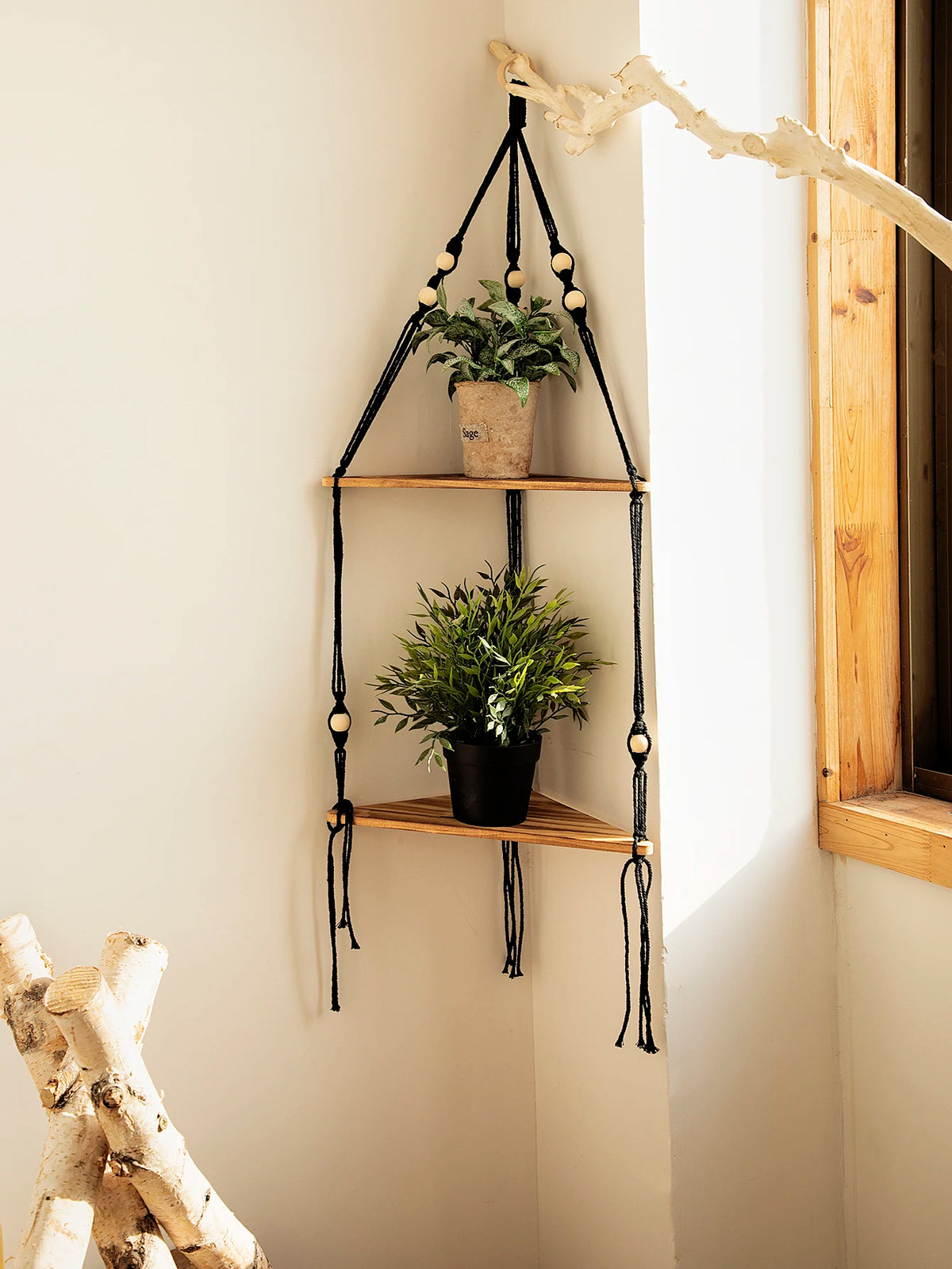 étagère suspendue bois macramé boho plante artificielle vase blanc chambre salon bedroom livingroom