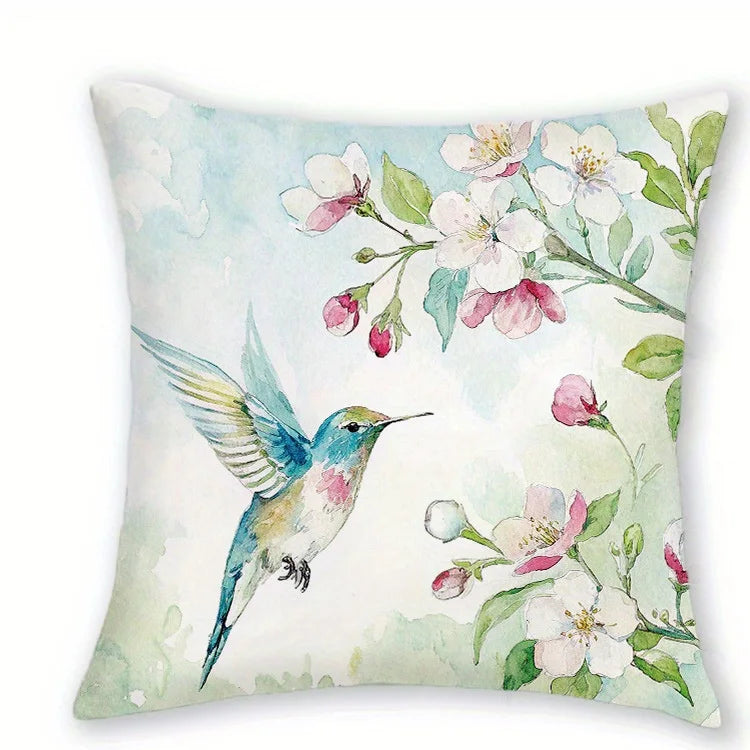 housses coussins carrés fleurs oiseaux printemps polyester blanc opacité zipper lit canapé décoration