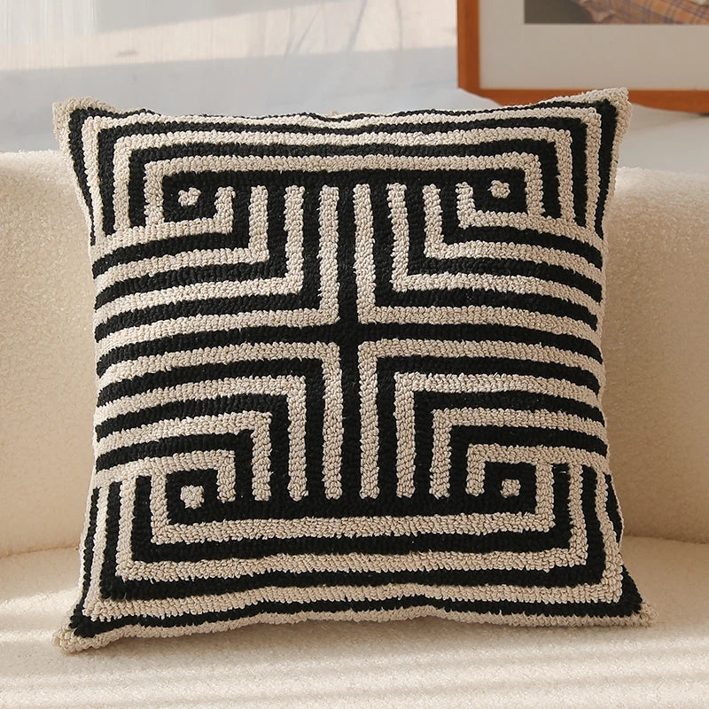 housse coussin carré géométrique noir blanc boho chic franges adhésif décoratif canapé chaise maison