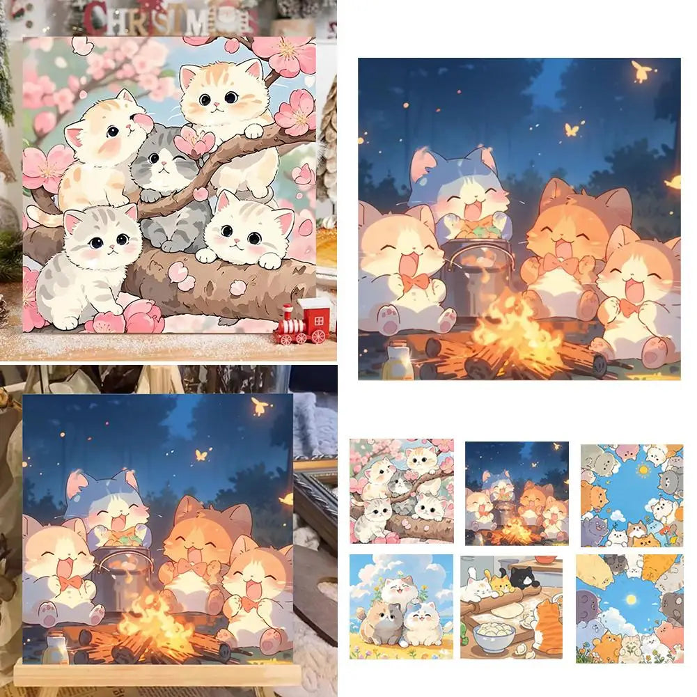 tableau peindre numeros dessin animé chatons mignons fleurs ciel feu peinture pinceaux tubes enfants