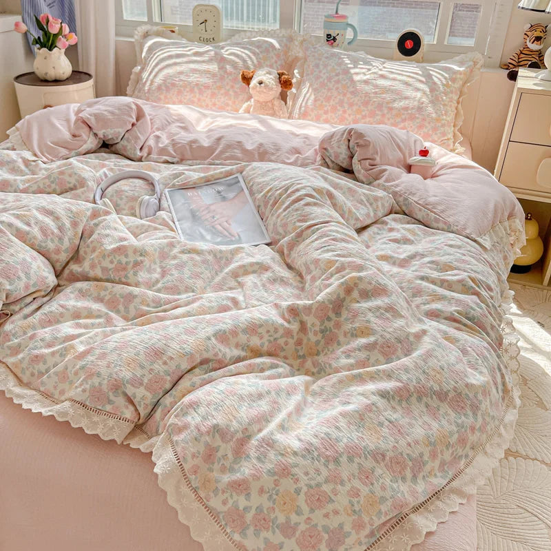 ensemble literie floral rose blanc vintage 150x200cm 200x230cm doux 4pièces