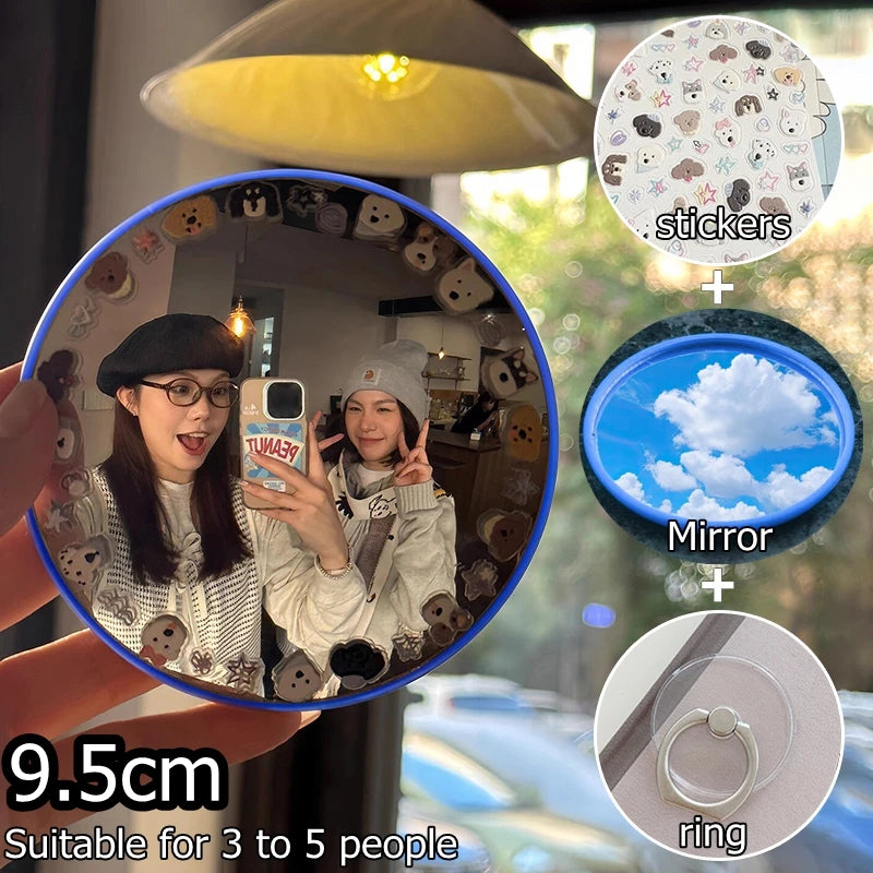 miroir rond argenté motifs visages mignons moderne selfie maquillage haute définition portable adhésif couple