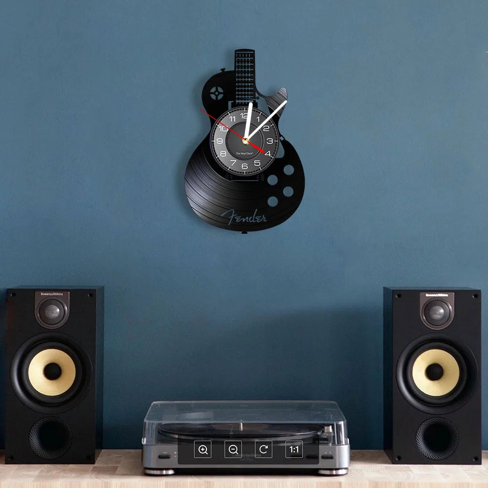 horloge murale guitare stylisée vinyle noir moderne rétro salon quartz aiguille