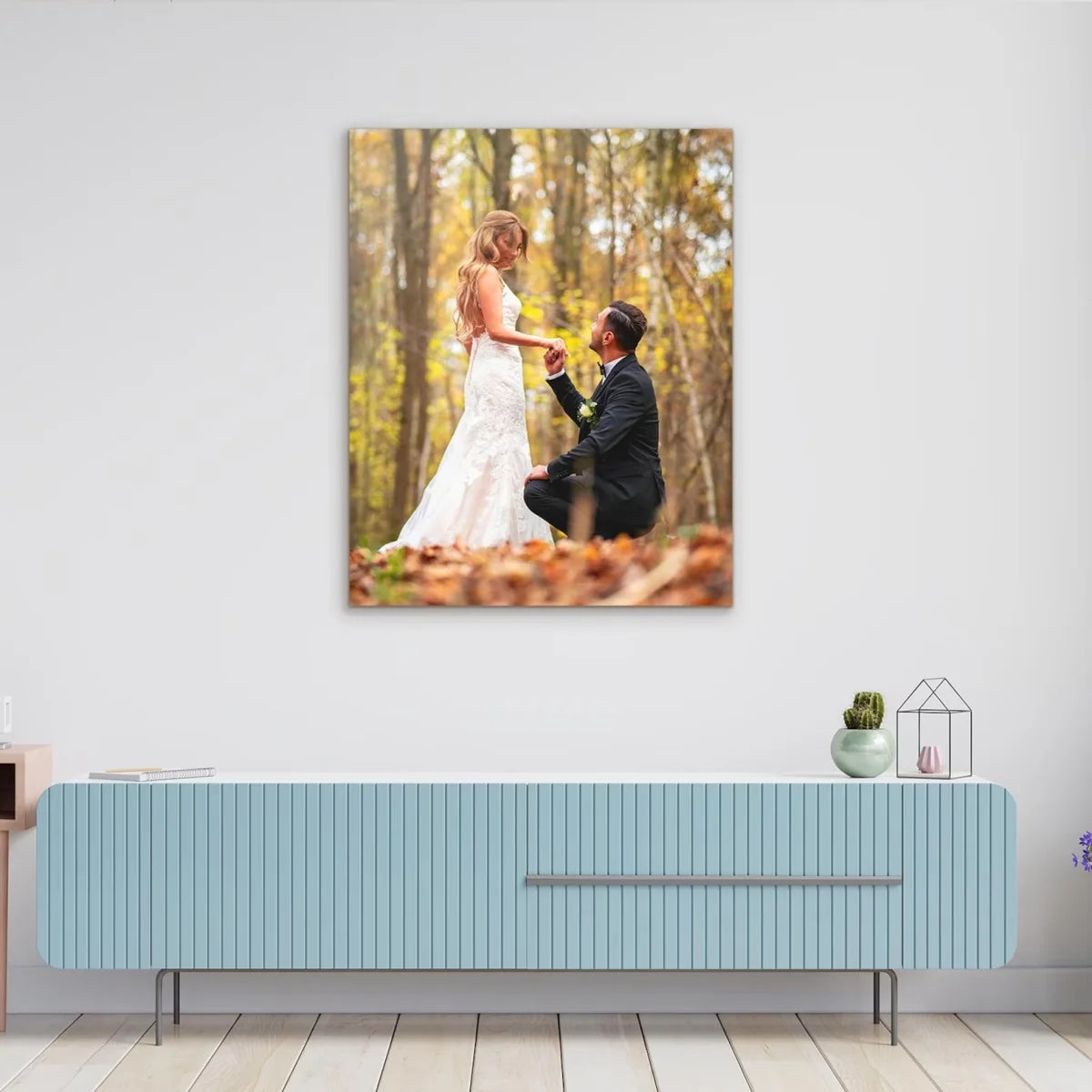 impression toile encadrée couple demande mariage décor automnal romantique blanc tons chauds 50x70cm 40x60cm