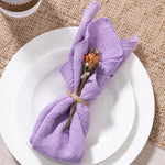 Serviettes table coton texture rugueuse rustique ruban jute fleur séchée violetclair 30x30cm mariage décoration
