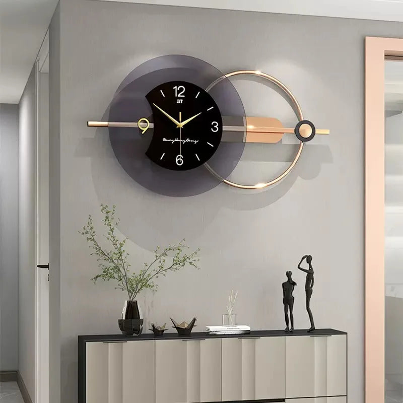 horloge murale moderne noir gris doré cercles superposés contemporaine sans fixation salon decoration