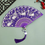 éventail pliant traditionnel violet blanc fleurs brodées clips métalliques pompon élégant décoration danse hand