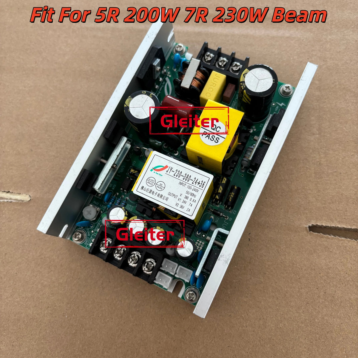 transformateurs alimentation projecteurs scène lampes faisceau mobiles circuits imprimés condensateurs bobines orangers grisés jaunes