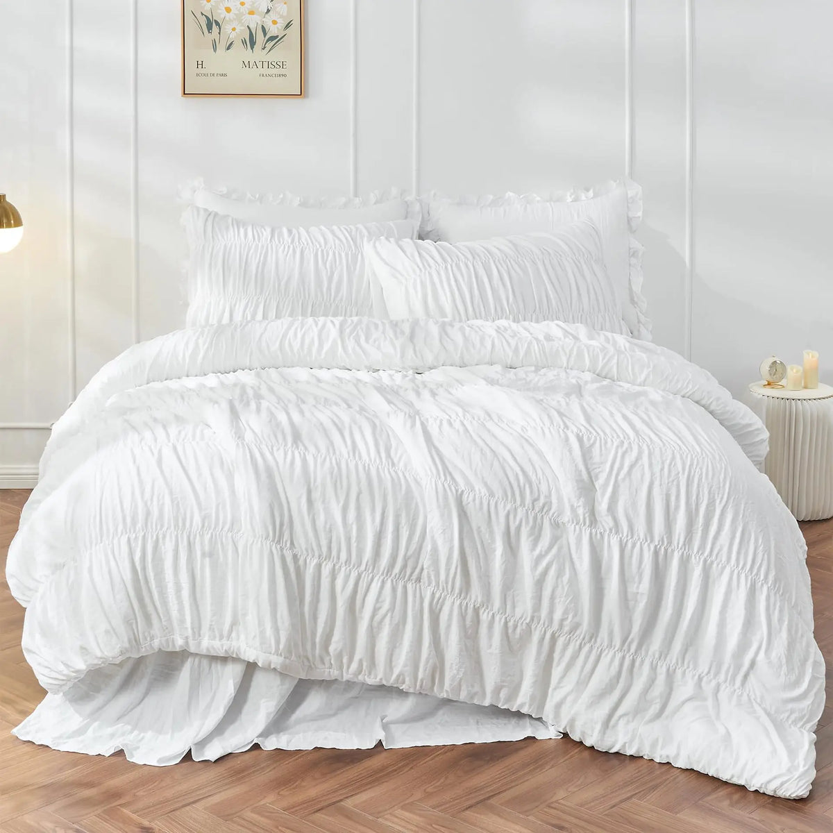 ensemble linge lit bohème crème texturé plis bord festonné couette taies oreiller romantique chambre