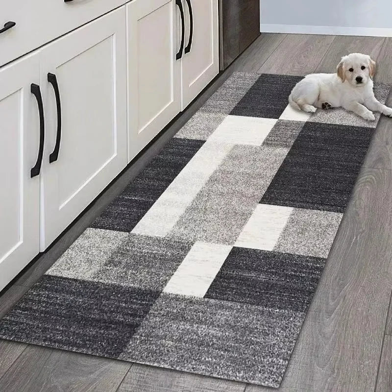 tapis long couloir cuisine salon moderne motif carreaux géométriques polyester anti taches intérieur