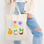 sac main toile beige fruits fleurs imprimé poignées réutilisable respectueux environnement multiful usage
