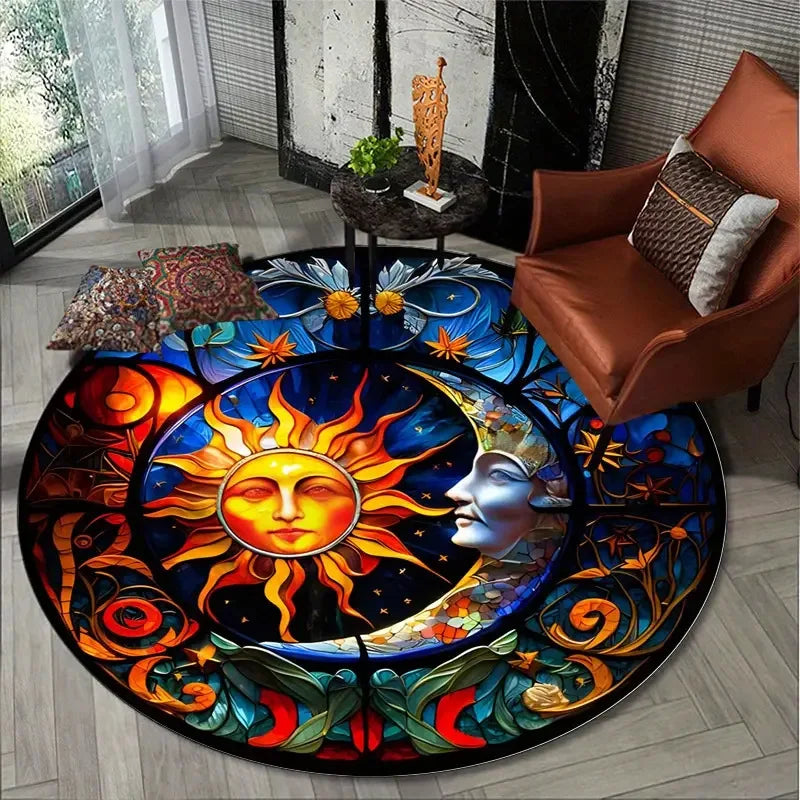 tapis rond polyestère soleil lune étoiles motifs abstraits moderne vibrant 40x40cm 80x80cm 120x120cm