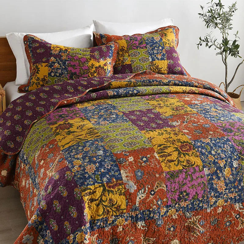 couvre lit patchwork floral boho chic violet orange bleu jaune marron king queen 223x269cm