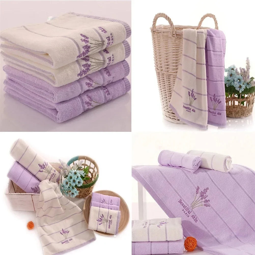 serviettes bain brodées coton polyester violet clair rayures fleurs absorption rapide douces classiques violet