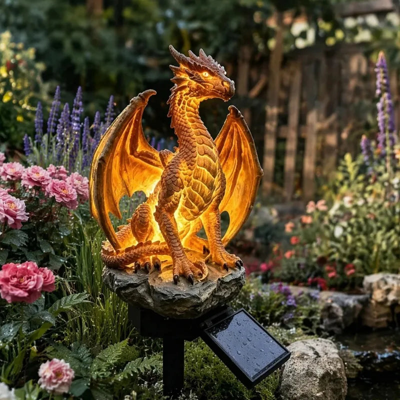 statue dragon solaire extérieur or noir jaune marron écailles ailes lumière led base roche