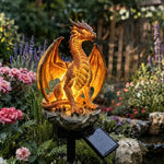 statue dragon solaire extérieur or noir jaune marron écailles ailes lumière led base roche