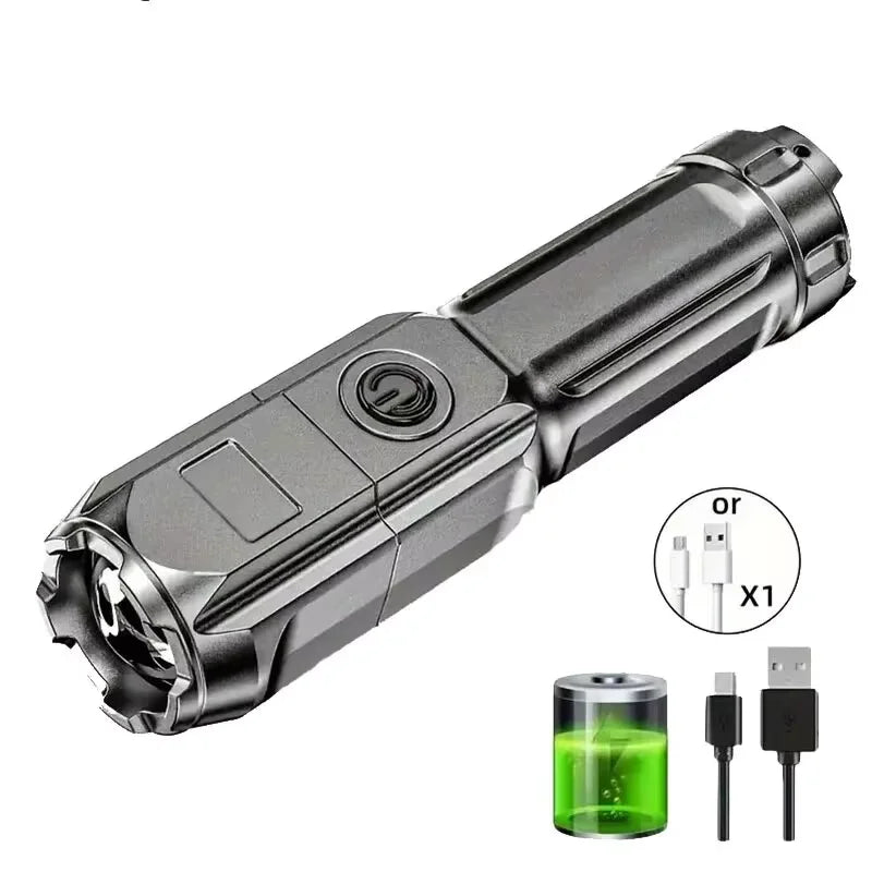lampe torche rechargeable usb noir moderne certifiée rohs abs mat étanche zoom camping pêche