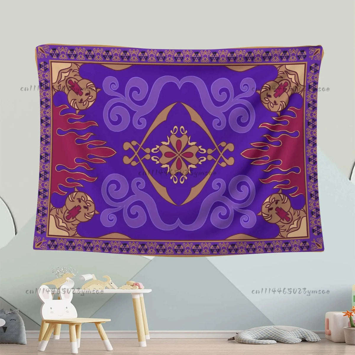 tapisserie murale moderne ethnique motifs floraux géométriques couleurs violet rouge beige or