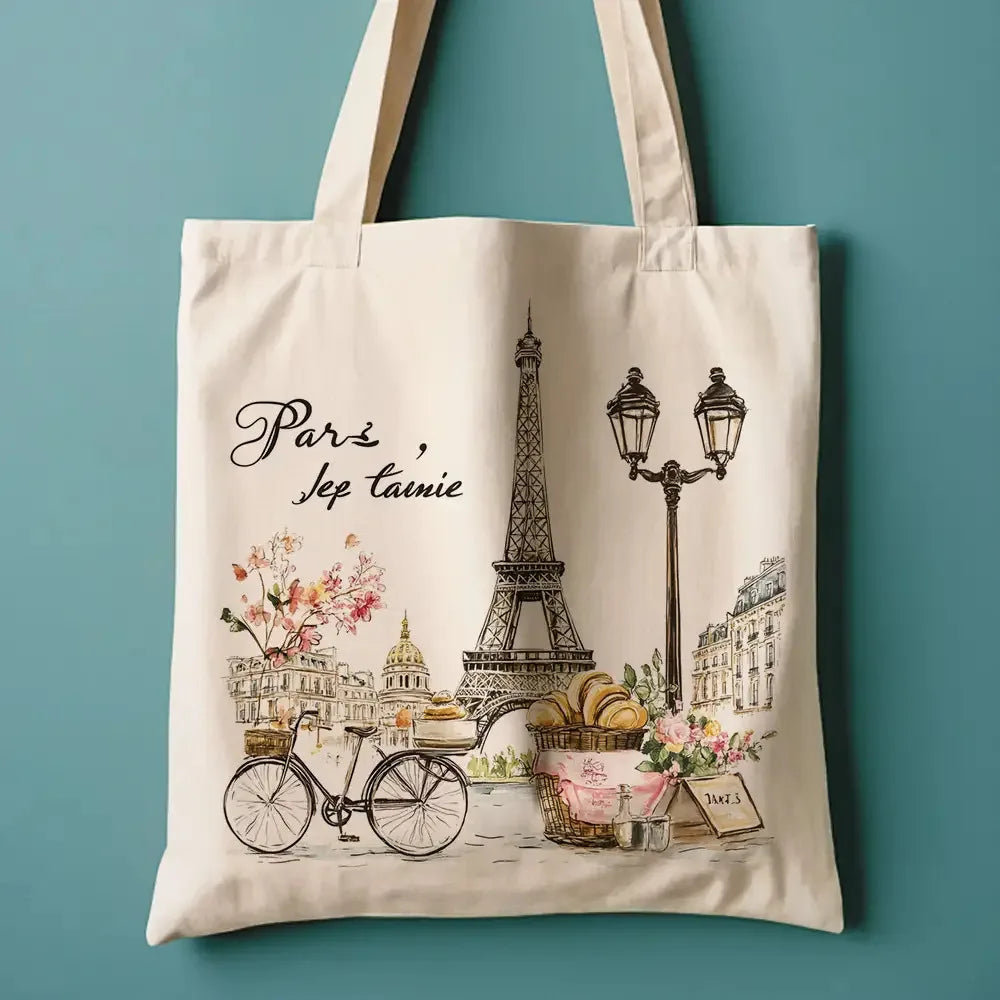sac main toile illustration paris tour eiffel lanternes vintage doux beige clair fleurs