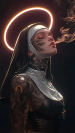 tableau toile tattoo nonne croix halo lumineux contemporain or noir rouge gris İslamistique erotique