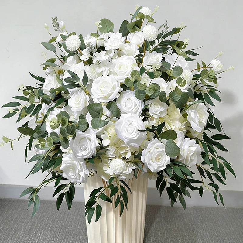 bouquet fleurs artificielles roses blanches feuilles vertes decoration mariage anniversaire exterieur classique blanc vert