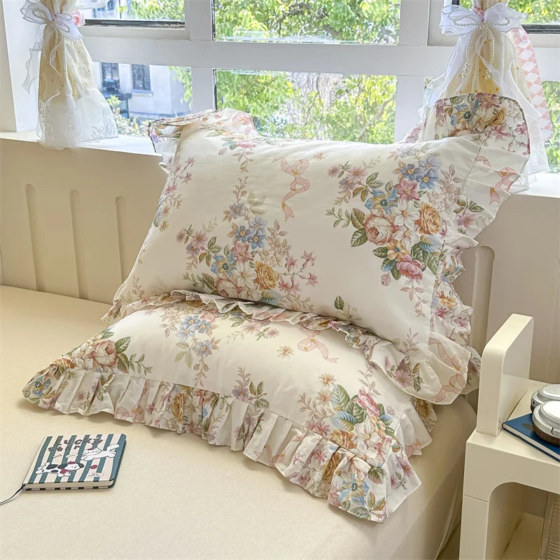 taies d'oreiller coton fleur vintage rose bleu beige romantique 48x74cm