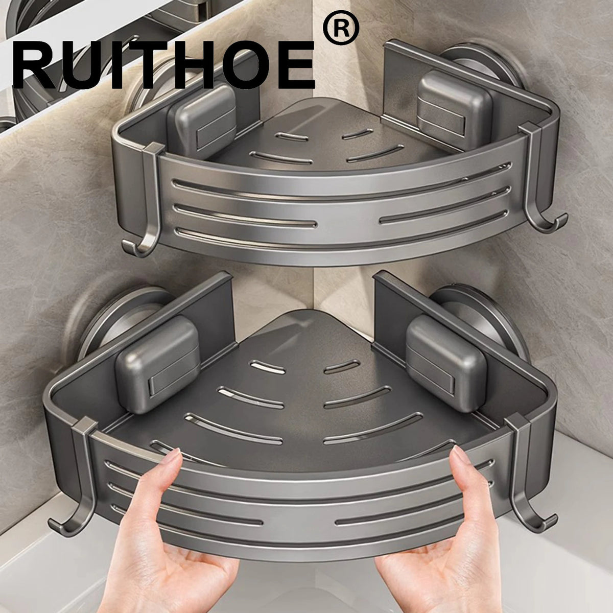 étagère salle bain double niveau gris métallisé moderne adhésive aluminium crochets porte serviettes murale