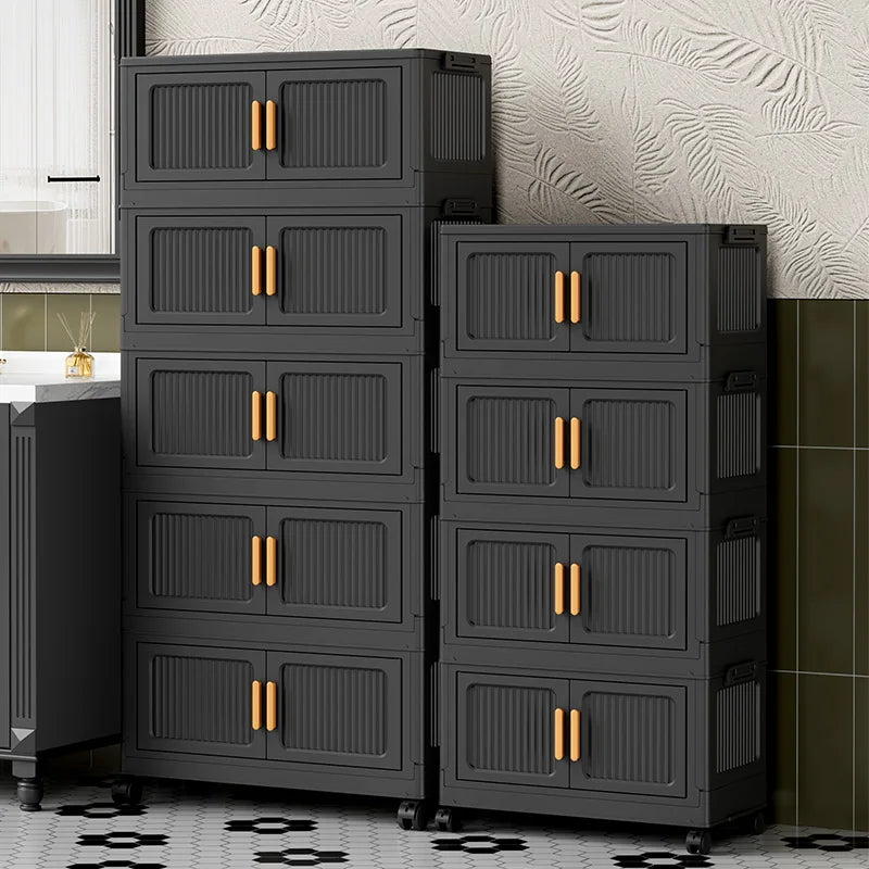 rangement modulaire meuble noir panneaux transparents poignées dorées roulettes facile assembler chambre salon cuisine