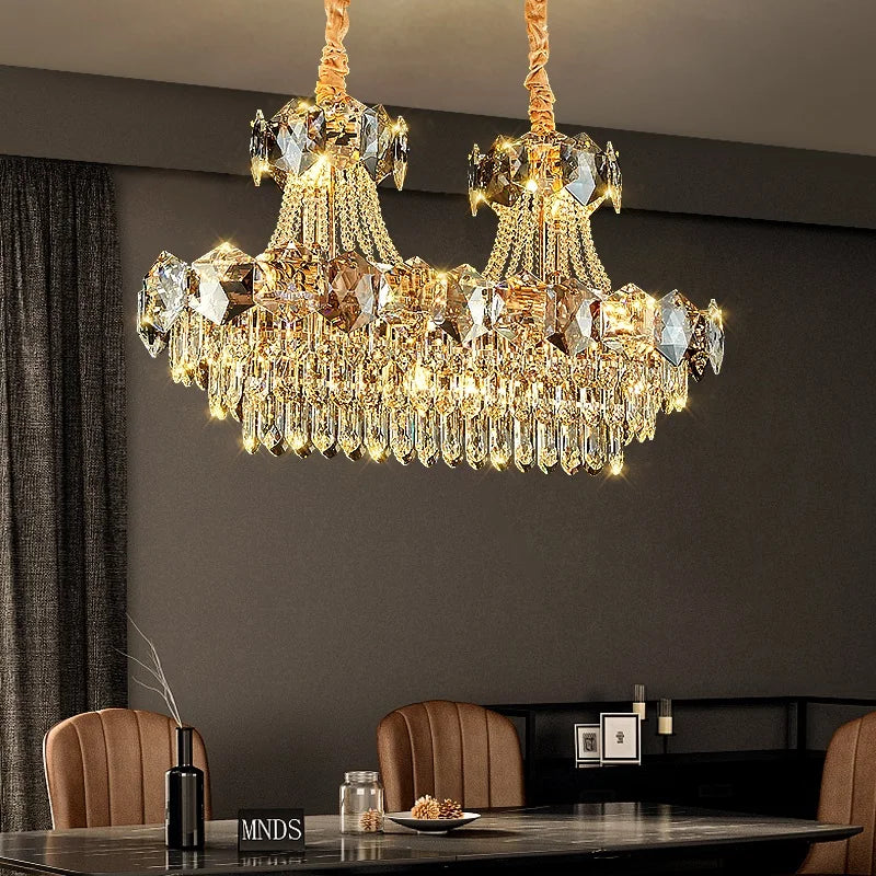 lustre cristal doré moderne grand salon salle manger luxe élégant suspension intérieur