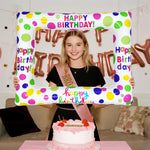 cadre photo gonflable happy birthday blanc multicolore motifs pois inscriptions fête anniversaire valise antifuite