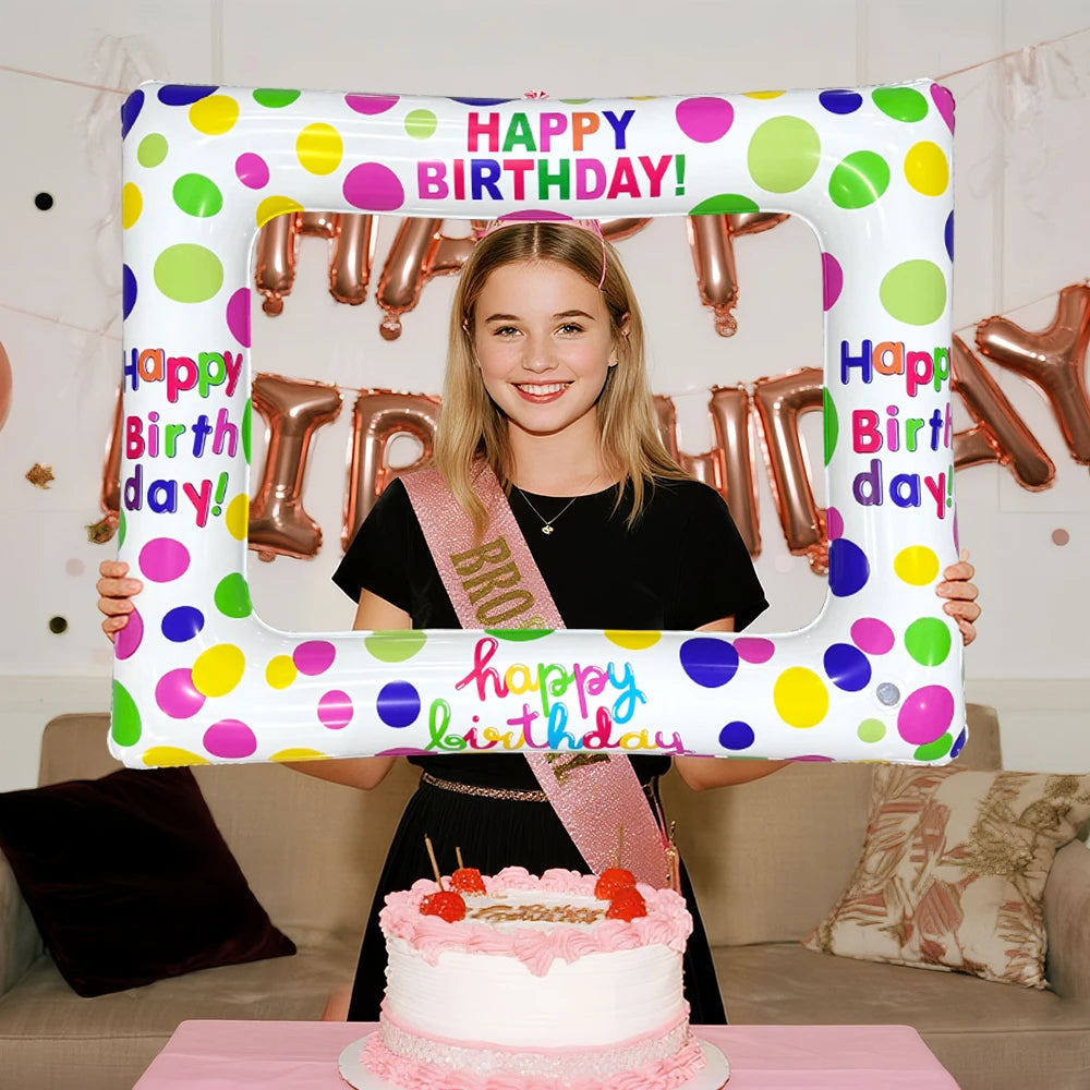 cadre photo gonflable happy birthday blanc multicolore motifs pois inscriptions fête anniversaire valise antifuite