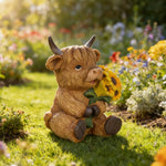 statue vache highland résine bienvenue fleurs tournesols oiseau bleu rustique extérieur jardin decoration