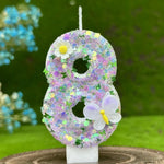 bougies numérales pailletées fleurs reliefs adhésives anniversaire enfant violet blanc vert bleu doré