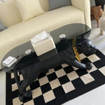 table basse moderne léopard rose vif orange noir verre opaque pieds solides animalier