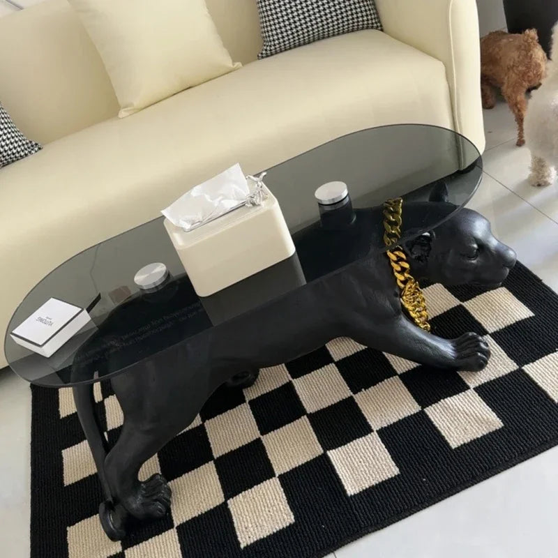 table basse moderne léopard rose vif orange noir verre opaque pieds solides animalier