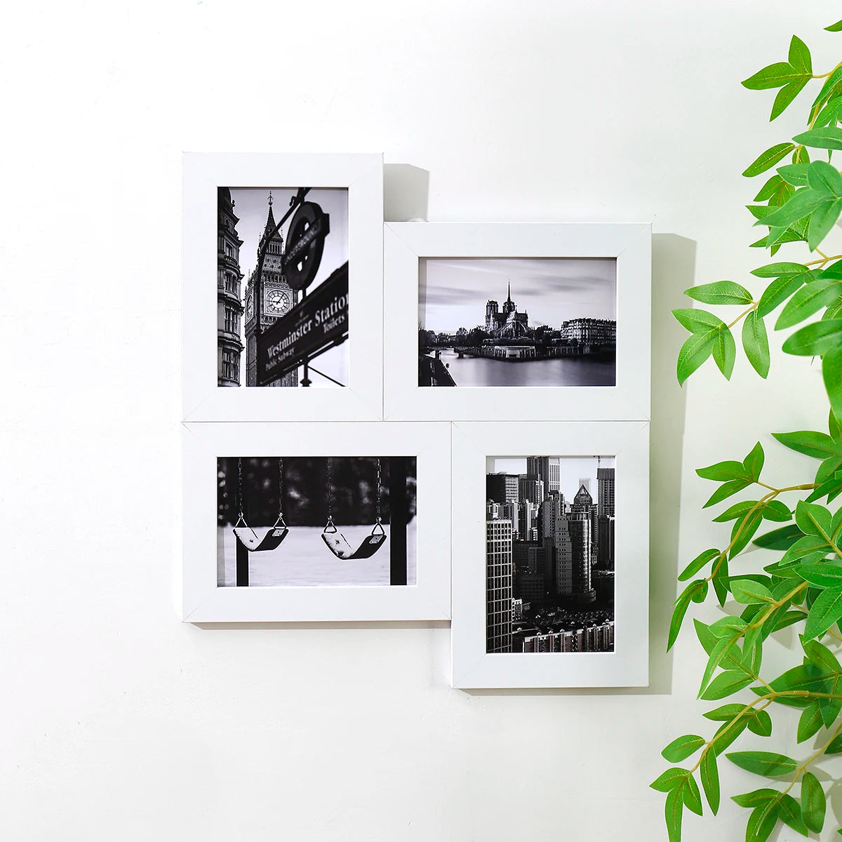 Cadre photo mural multi-ouverture 4x6 en bois noir avec des photos en noir et blanc