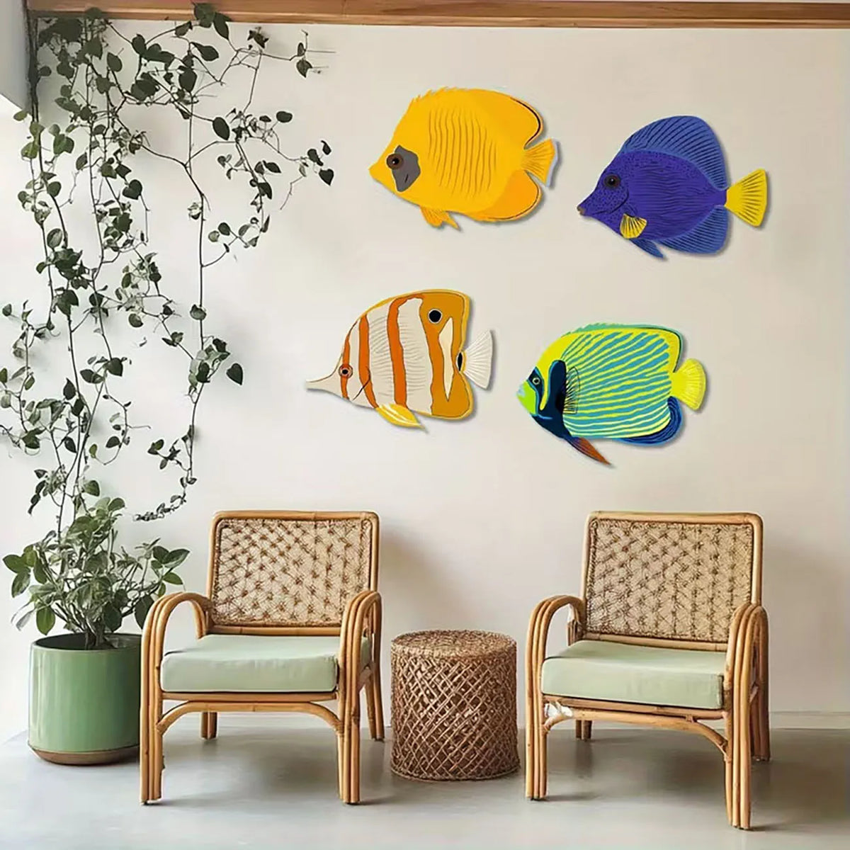 décorations murales poissons bois couleurs violet jaune orange rayures adhésif double face illustration chambre