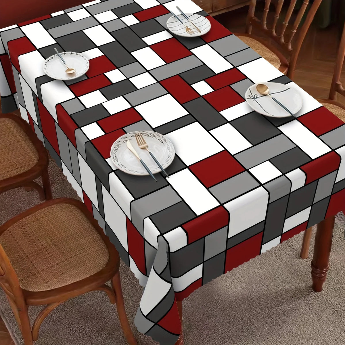 nappe table géométrique rouge gris blanche moderne polyester réutilisable 140x180cm