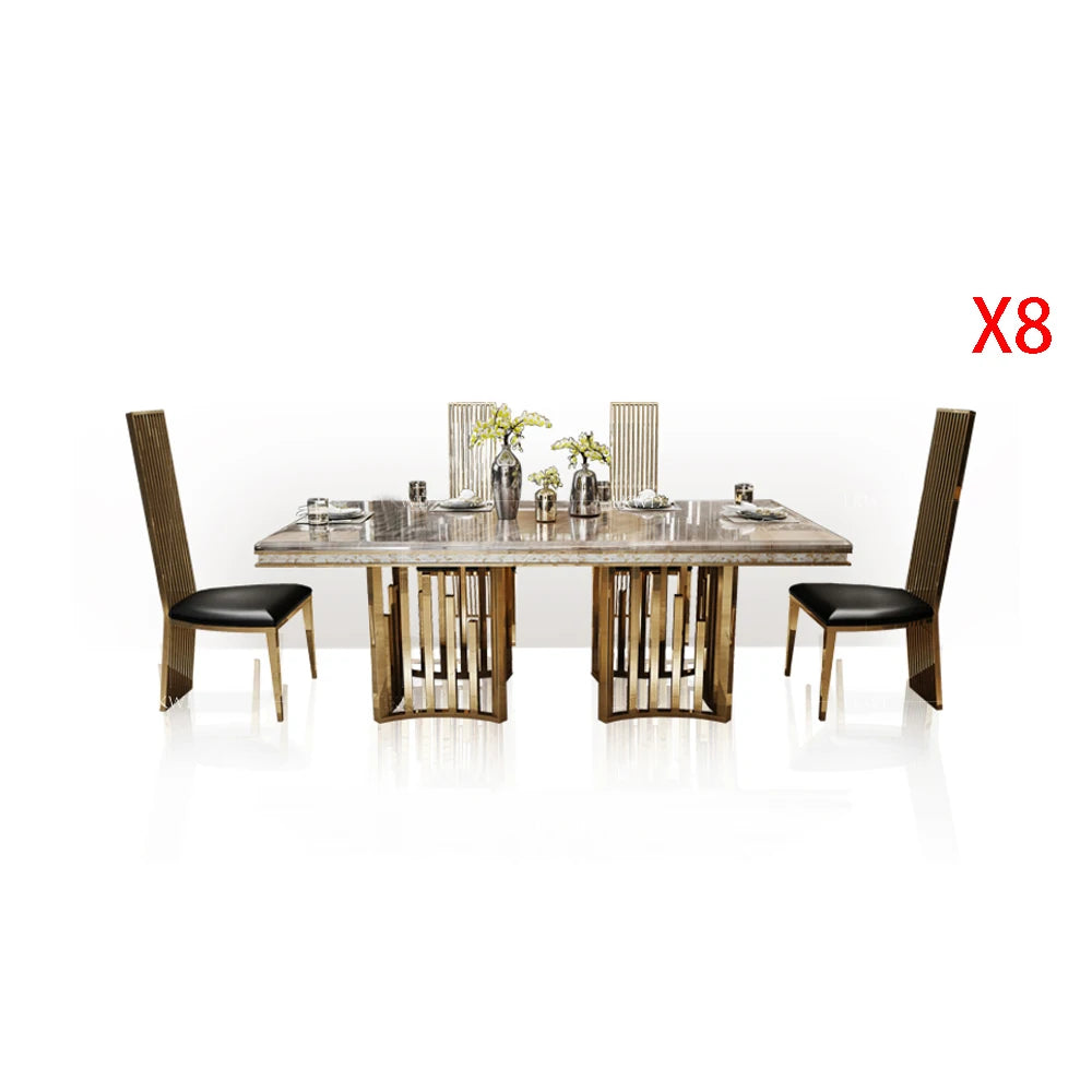 ensemble salle manger marbre métal doré table haut dossier chaises moderne minimaliste