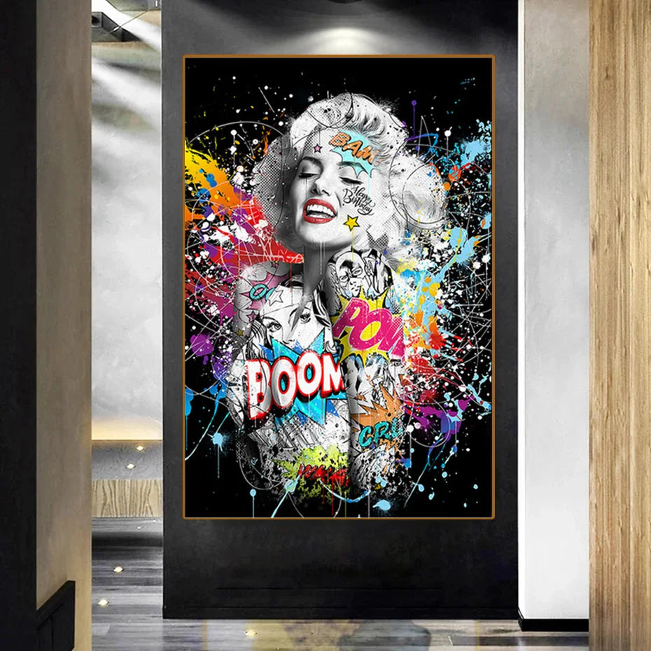 tableau contemporain pop art abstrait éclaboussures peinture noir blanc multicolore toile sans cadre horizontal