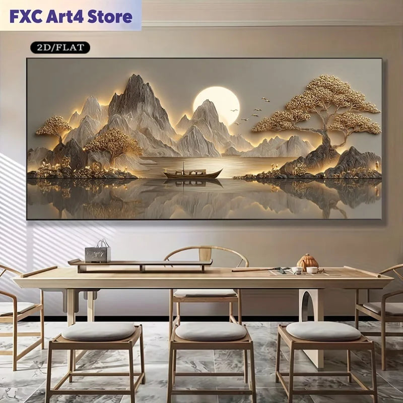 tableau moderne minimaliste paysage montagneux bateau arbres stylisés ciel soleil gris beige doré sans