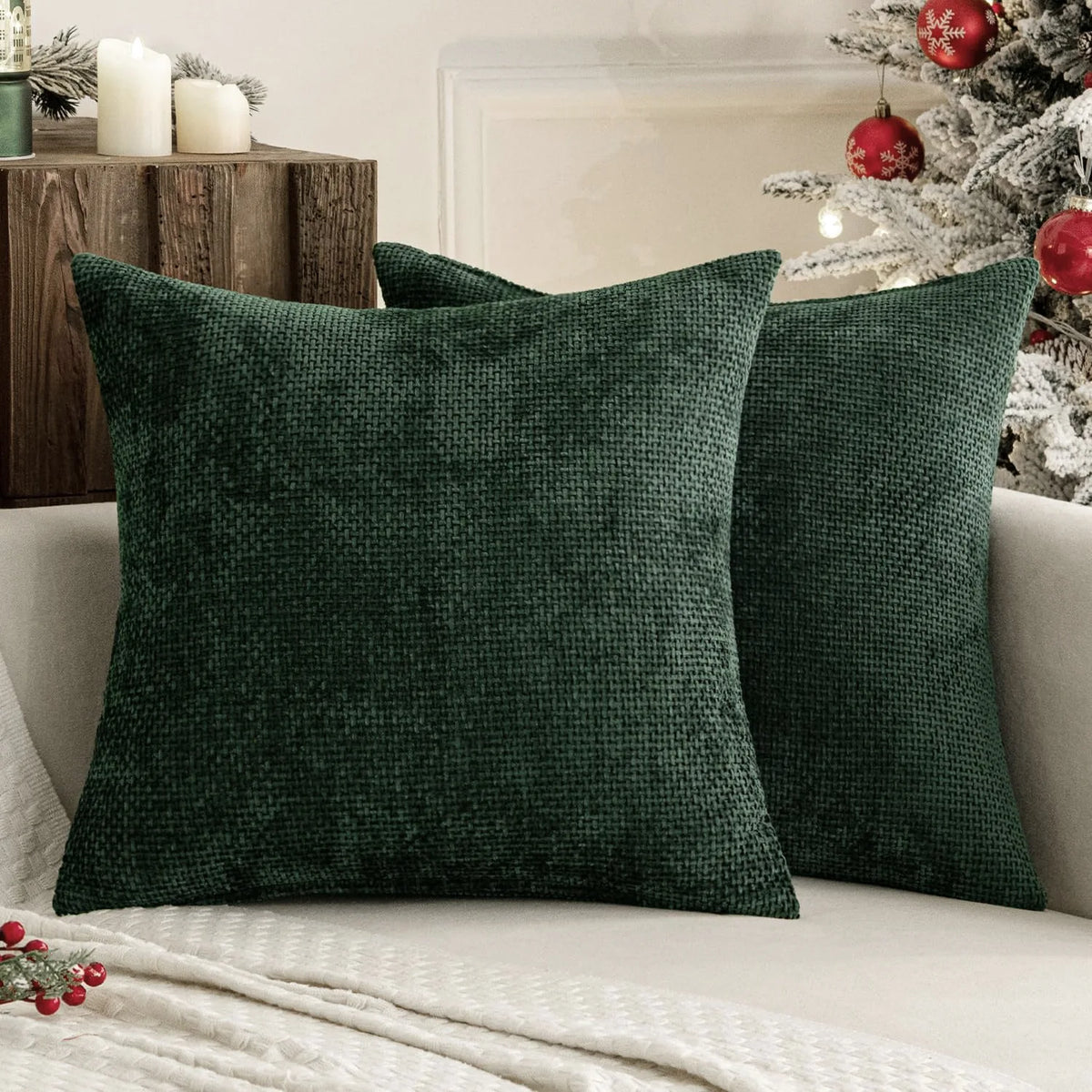 housse coussin chenille vert foncé moderne carré décoratif lit sofa tissage polyester artisanal haute