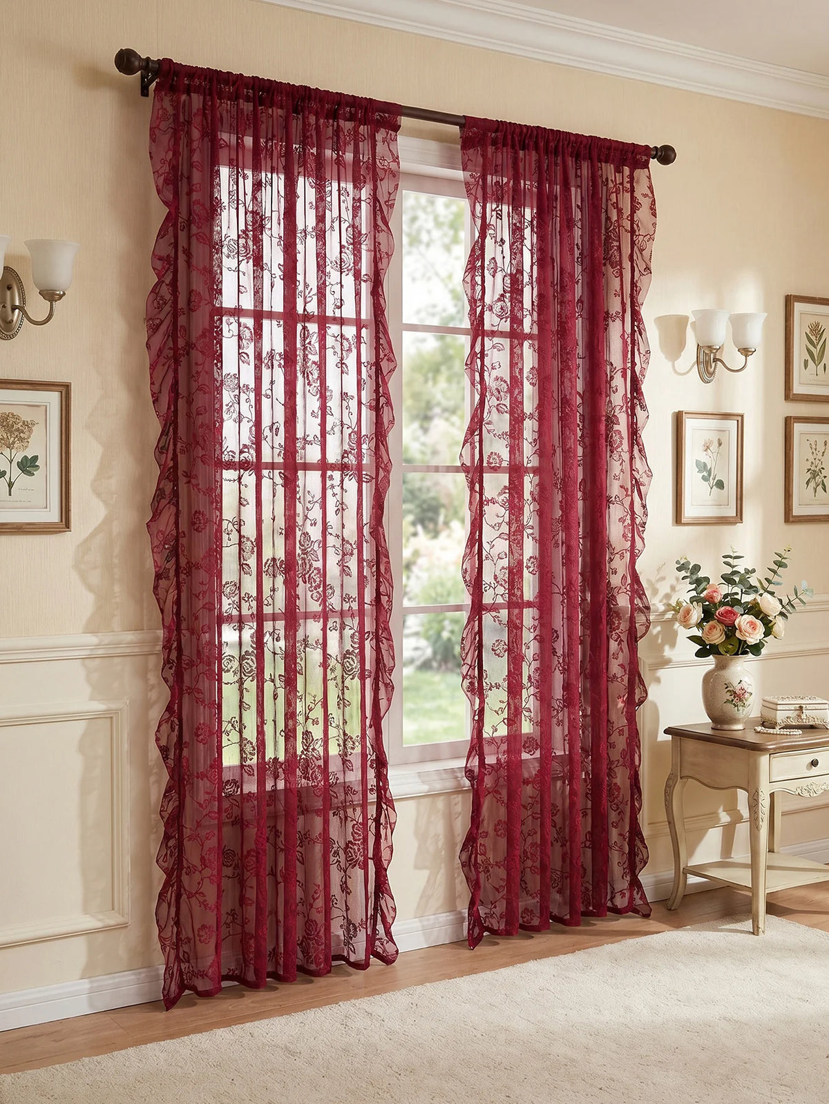 rideau floral bordeaux semi transparent classique chaines decoratives fenetre decoration